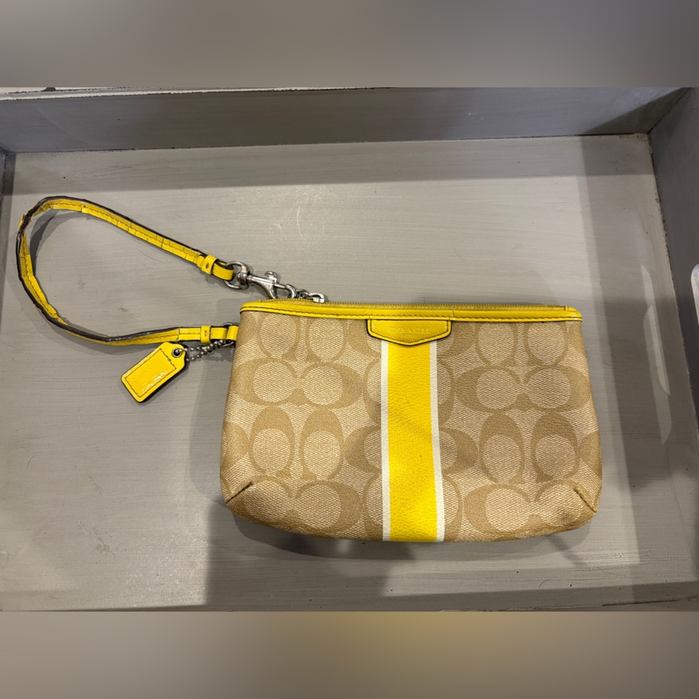 Coach Signature Tan and Yellow Wristlet
